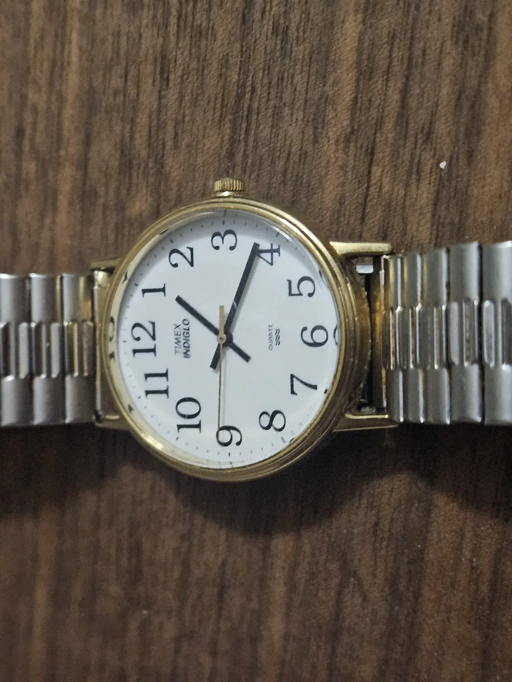 Vintage Timex Indiglo Gold Tone Mixed Metal Quartz Watch White Dial Stretch Band